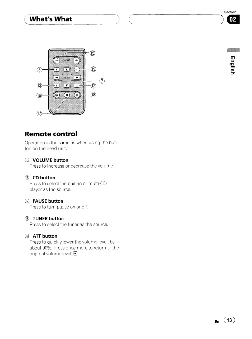 Volume button, Cd button, D pause button | Tuner button, Att button, What's what, Remote control | Pioneer SUPER TUNERIII DEH-P8500MP User Manual | Page 13 / 63