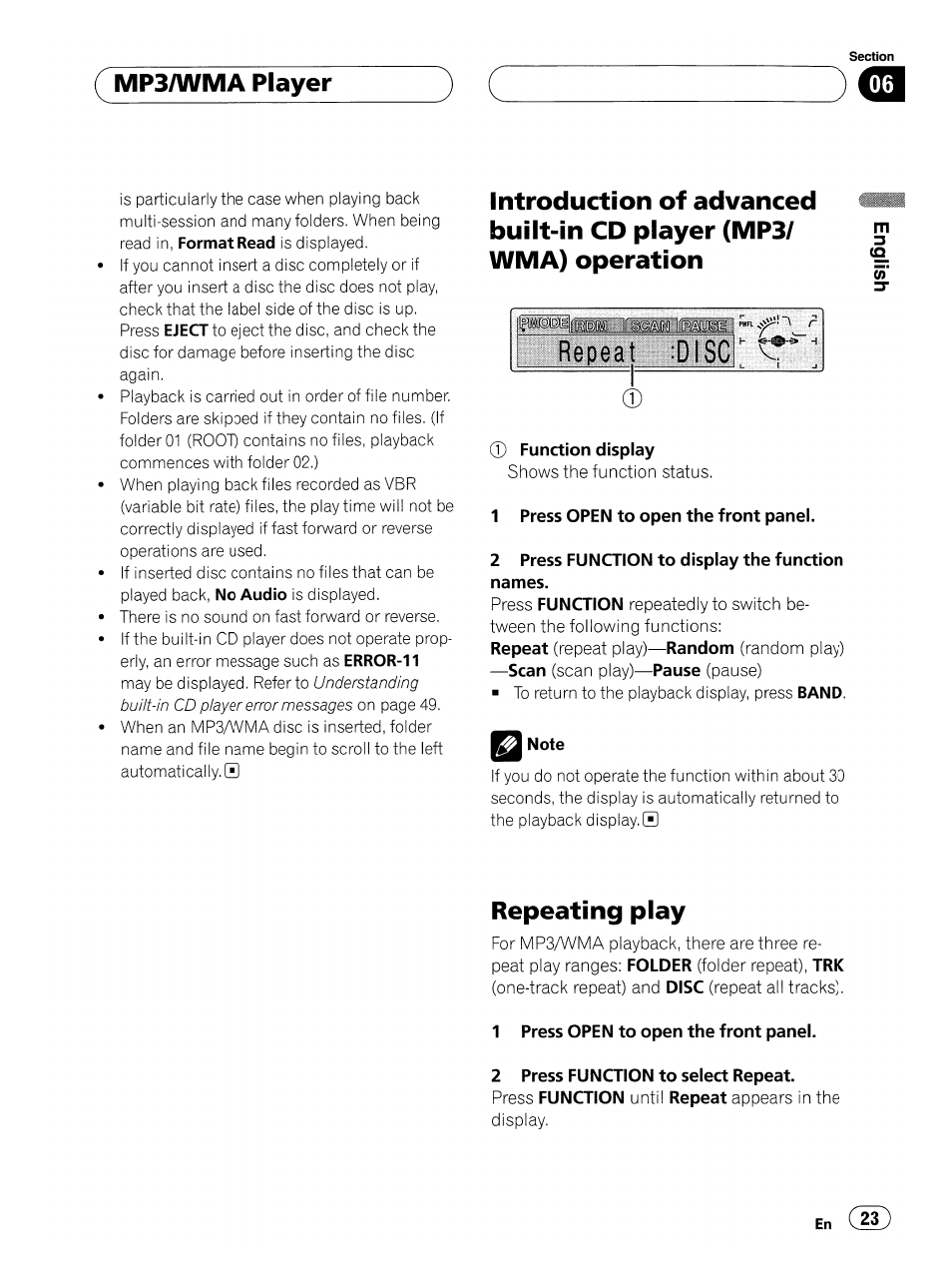 1 press open to open the front panel, 2 press function to select repeat, Repeat :discr t | Mp3/wma player, Repeating play | Pioneer SUPER TUNERIII DEH-P8500MP User Manual | Page 23 / 63