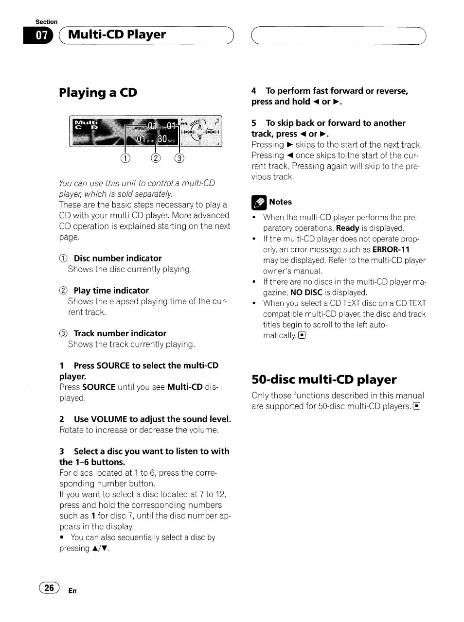 Disc number indicator, Play time indicator, Track number indicator | 1 press source to select the multi-cd player, 2 use volume to adjust the sound level, Multi-cd player playing a cd, Disc multi-cd player | Pioneer SUPER TUNERIII DEH-P8500MP User Manual | Page 26 / 63