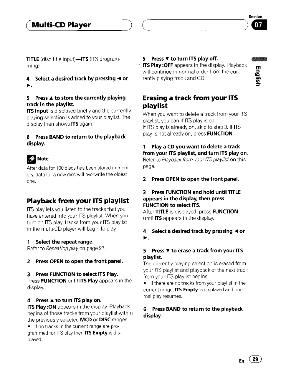 Multi-cd player, Playback from your its playlist, Erasing a track from your its playlist | Pioneer SUPER TUNERIII DEH-P8500MP User Manual | Page 29 / 63