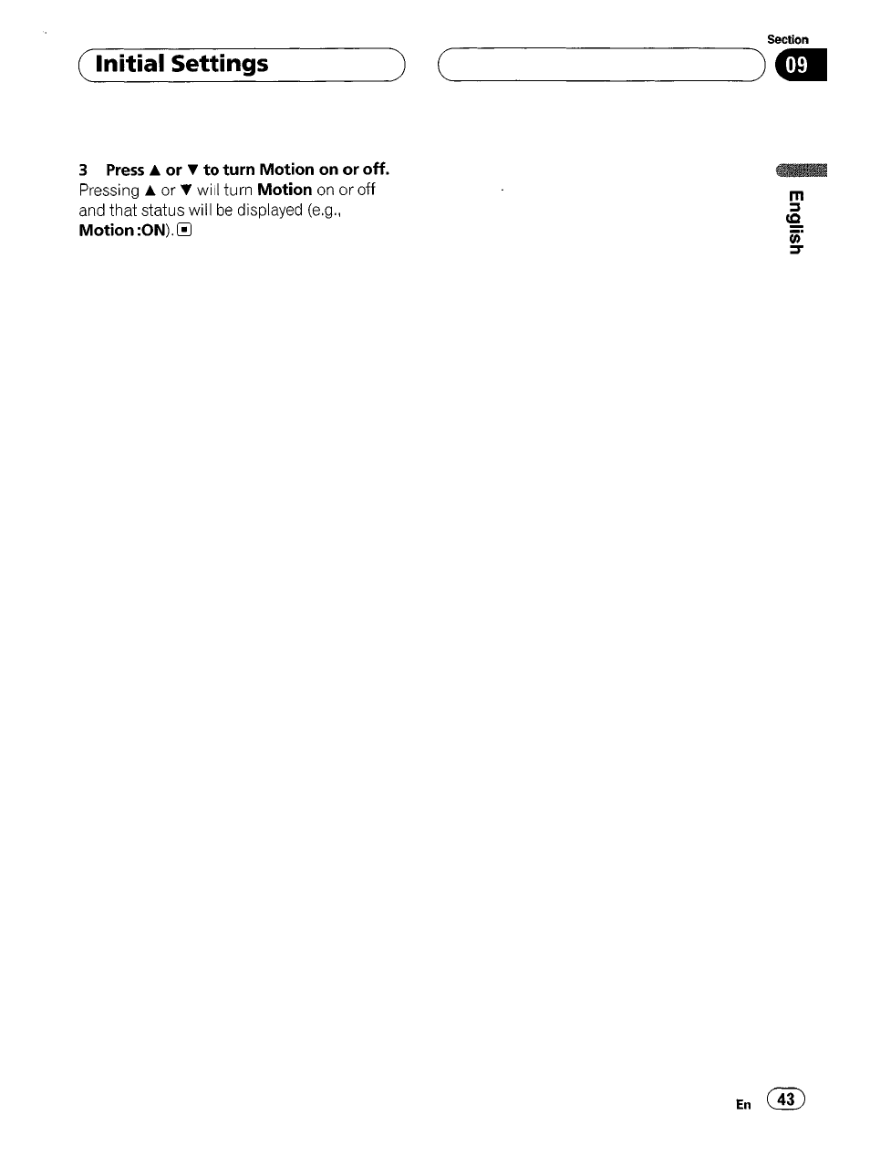 3 press a or t to turn motion on or off, Initial settings | Pioneer SUPER TUNERIII DEH-P8500MP User Manual | Page 43 / 63