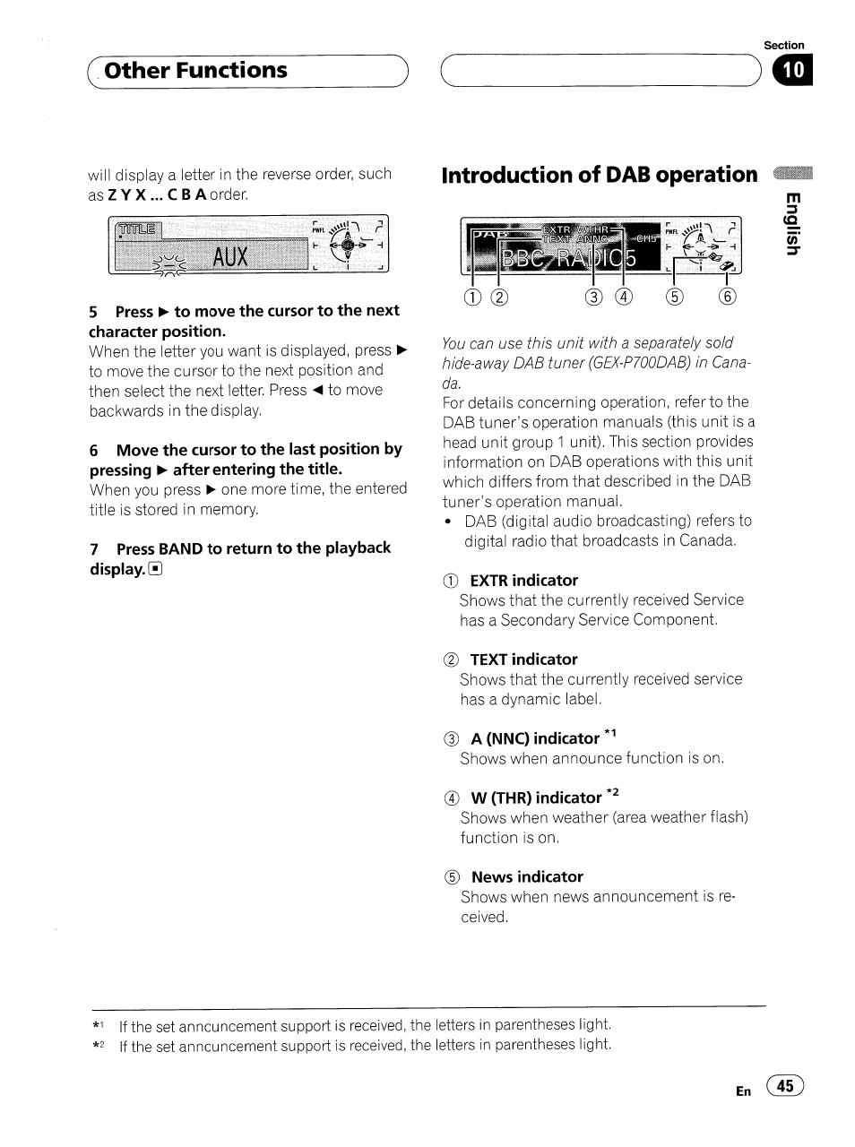 7 press band to return to the playback display. 0, Extr indicator, Text indicator | A (nnc) indicator, 4) w (thr) indicator, D news indicator, Other functions, Introduction of dab operation | Pioneer SUPER TUNERIII DEH-P8500MP User Manual | Page 45 / 63