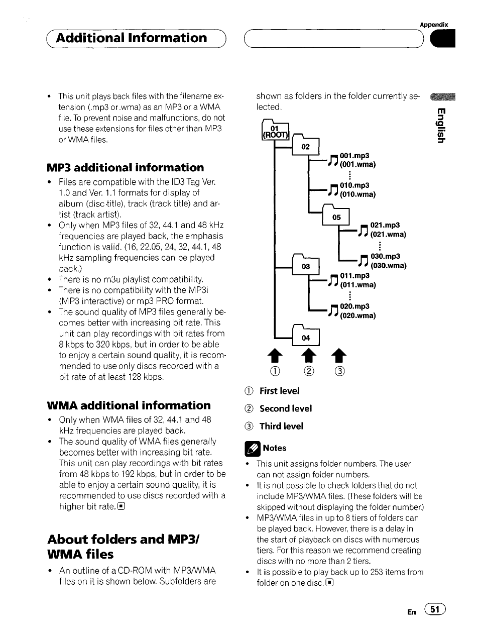 Additional information, About folders and mp3/ wma files, Cd (d (d | Mp3 additional information, Wma additional information | Pioneer SUPER TUNERIII DEH-P8500MP User Manual | Page 51 / 63