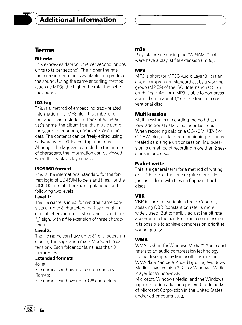 Additional information terms | Pioneer SUPER TUNERIII DEH-P8500MP User Manual | Page 52 / 63