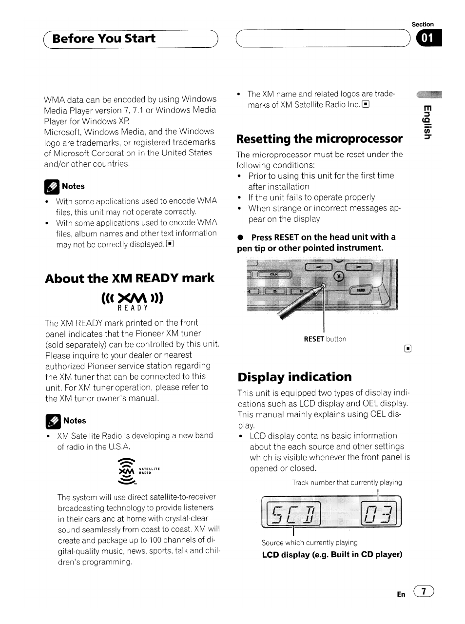 Notes, Xaa »), Before you start | About the xm ready mark, Resetting the microprocessor, Display indication | Pioneer SUPER TUNERIII DEH-P8500MP User Manual | Page 7 / 63