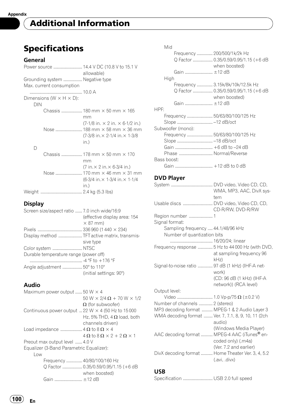 Specifications, Additional information, General | Display, Audio, Dvd player | Pioneer AVH-P5000DVD User Manual | Page 100 / 103