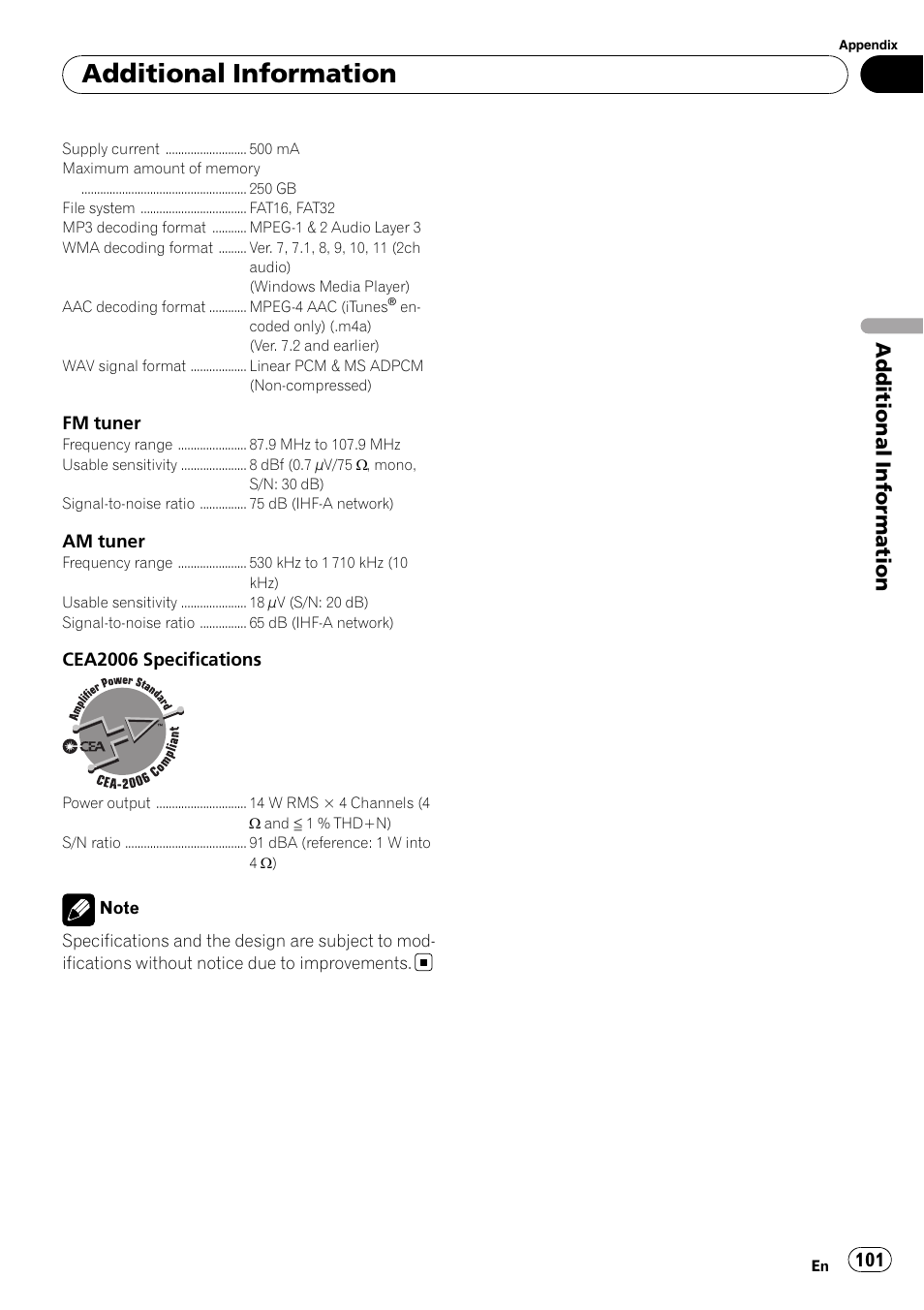 Additional information | Pioneer AVH-P5000DVD User Manual | Page 101 / 103