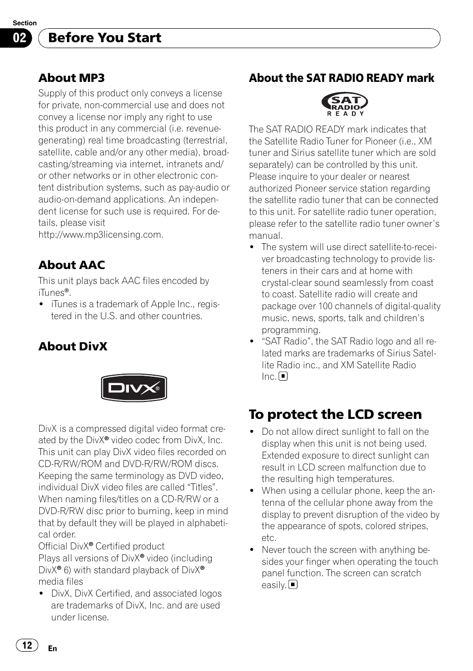 About mp3 12, About aac 12, About divx 12 | About the sat radio ready, Mark, To protect the lcd screen, Before you start, About mp3, About aac, About divx | Pioneer AVH-P5000DVD User Manual | Page 12 / 103