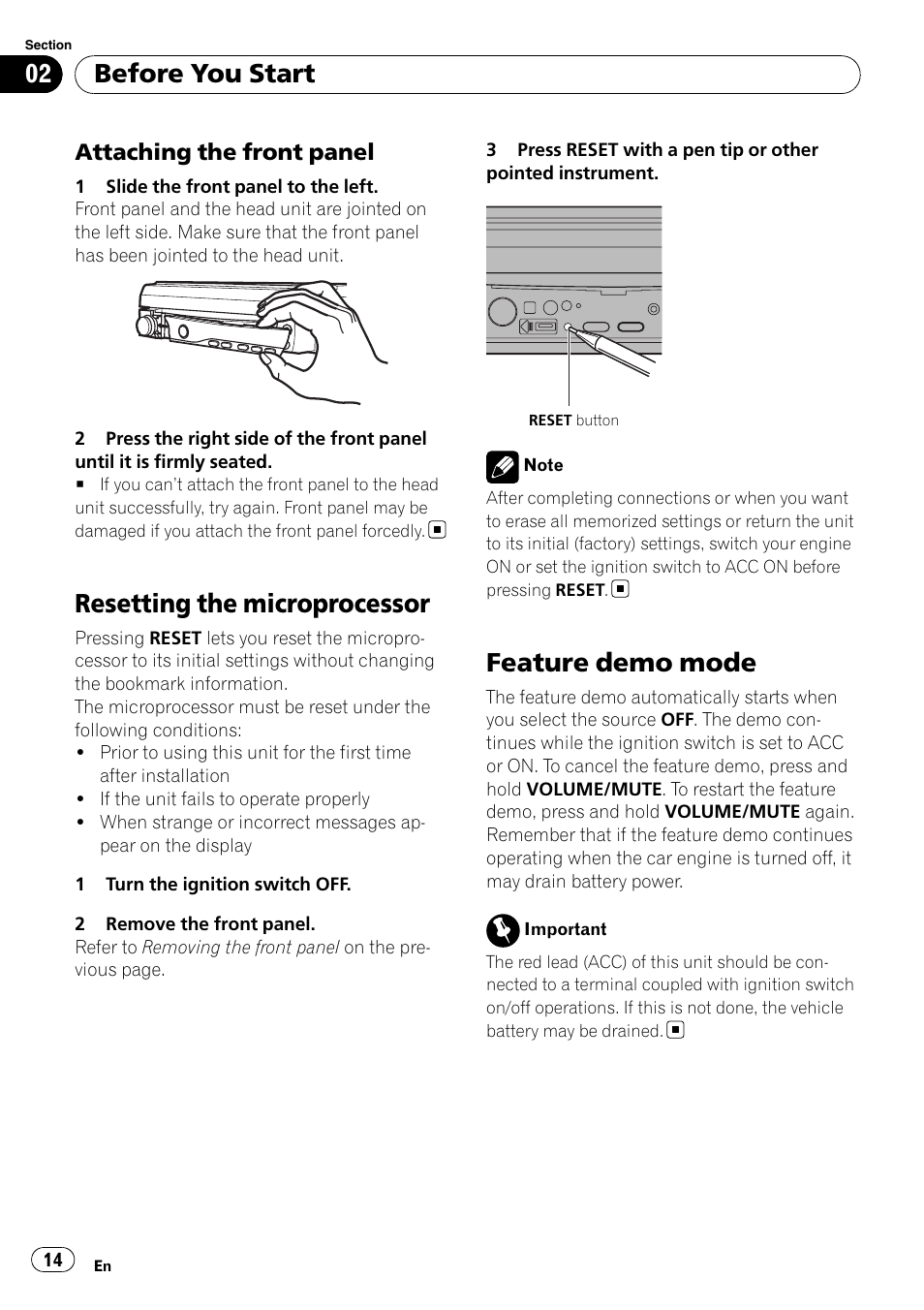 Attaching the front panel 14, Resetting the microprocessor, Feature demo mode | Before you start, Attaching the front panel | Pioneer AVH-P5000DVD User Manual | Page 14 / 103