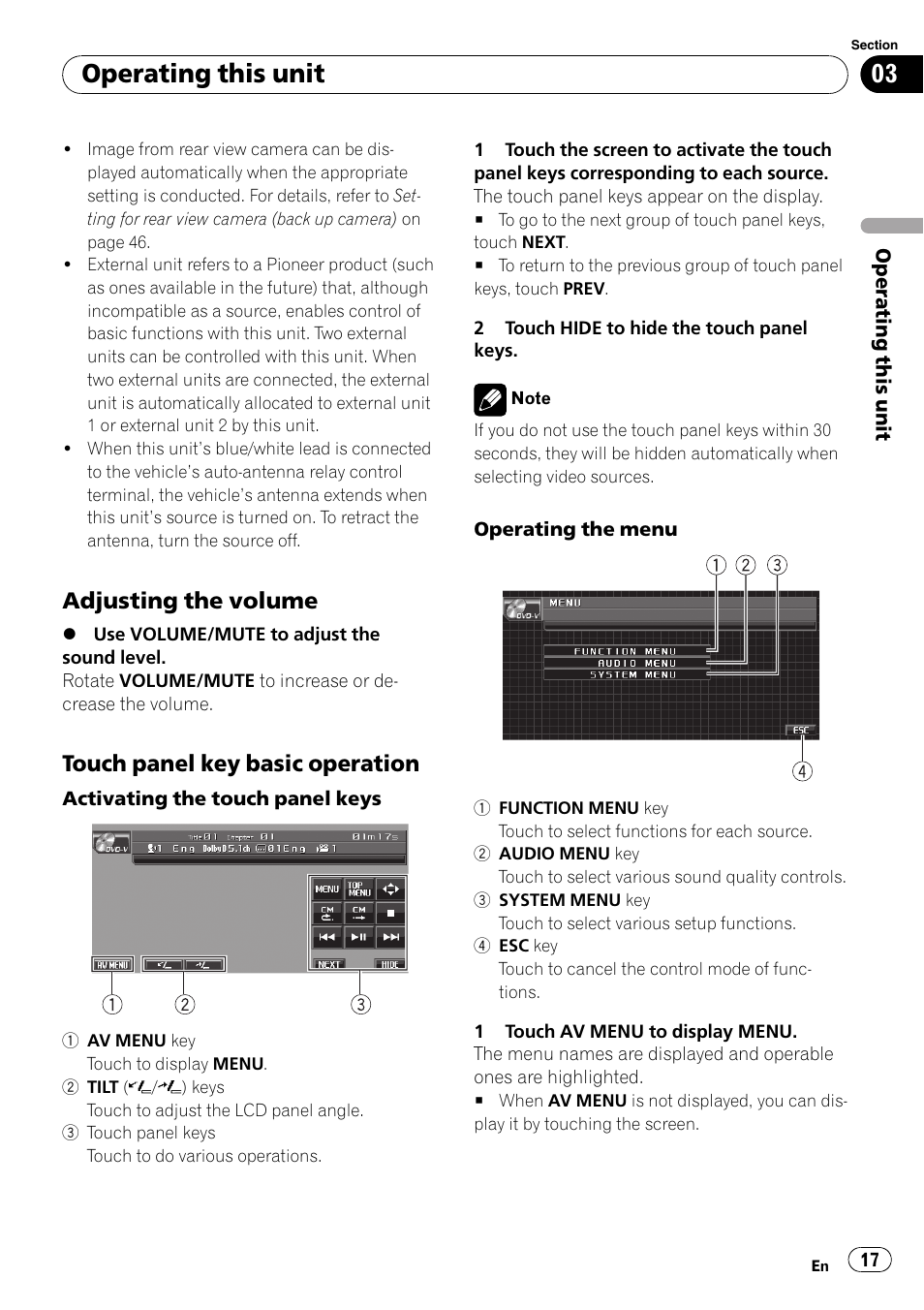 Adjusting the volume 17, Touch panel key basic operation 17, Operating this unit | Adjusting the volume, Touch panel key basic operation | Pioneer AVH-P5000DVD User Manual | Page 17 / 103