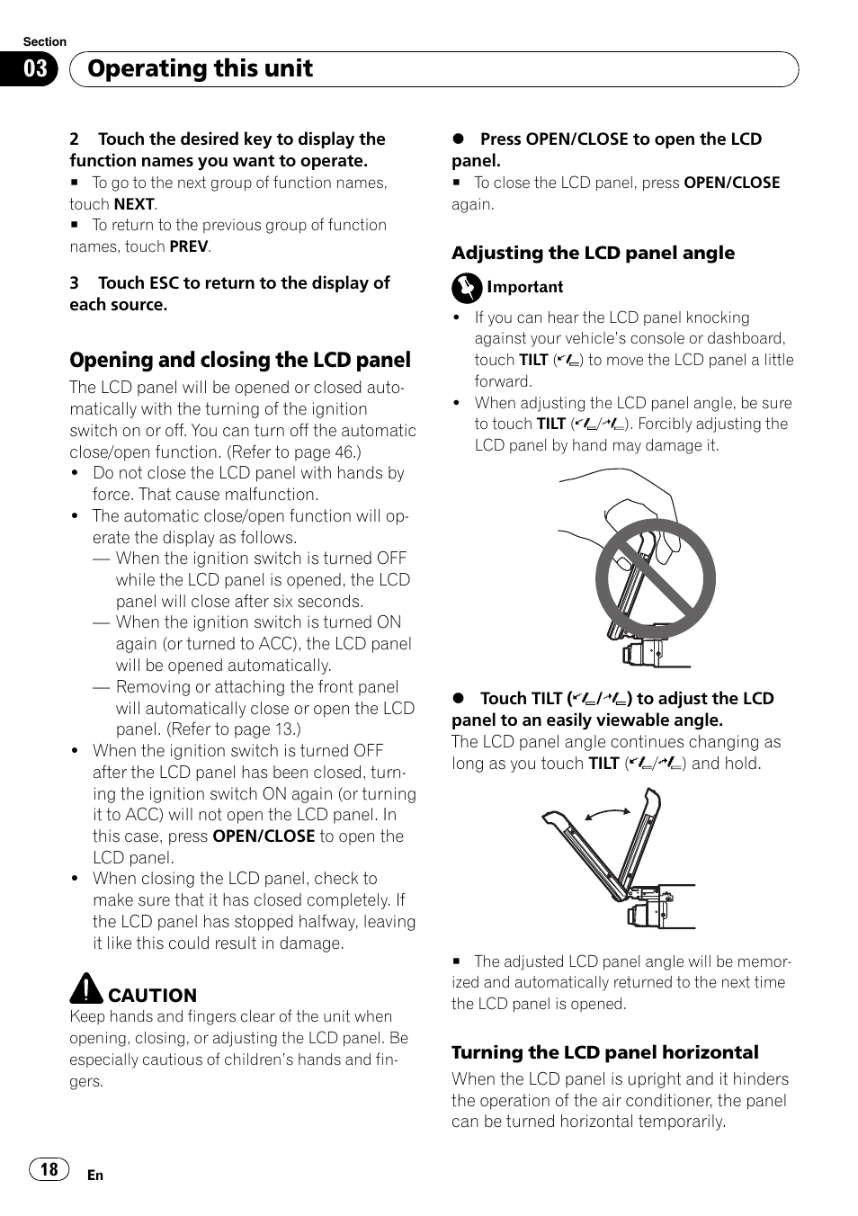 Opening and closing the lcd, Panel, Operating this unit | Opening and closing the lcd panel | Pioneer AVH-P5000DVD User Manual | Page 18 / 103