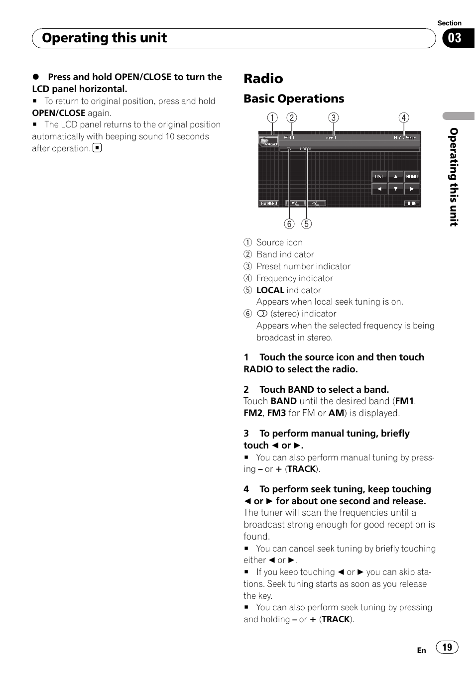 Radio, Basic operations 19, Operating this unit | Basic operations | Pioneer AVH-P5000DVD User Manual | Page 19 / 103