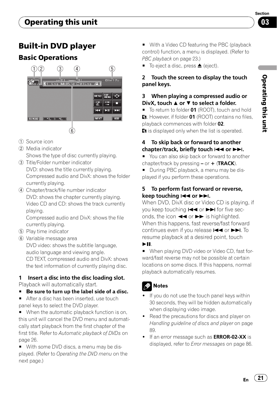 Built-in dvd player, Basic operations 21, Operating this unit | Basic operations | Pioneer AVH-P5000DVD User Manual | Page 21 / 103