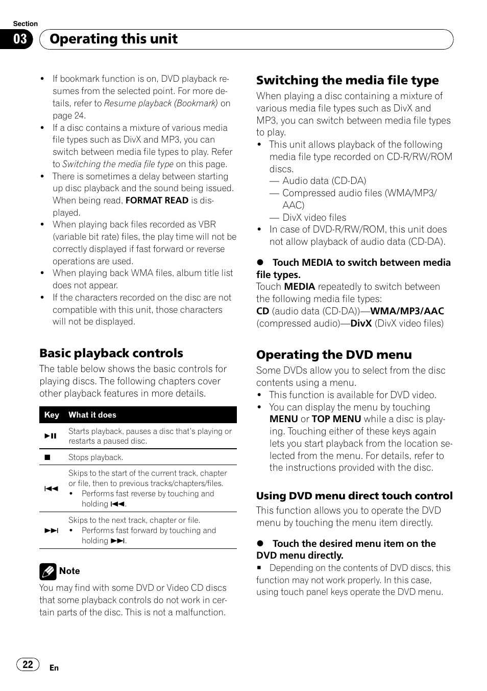 Basic playback controls 22, Switching the media file type 22, Operating the dvd menu 22 | Operating this unit, Basic playback controls, Switching the media file type, Operating the dvd menu | Pioneer AVH-P5000DVD User Manual | Page 22 / 103