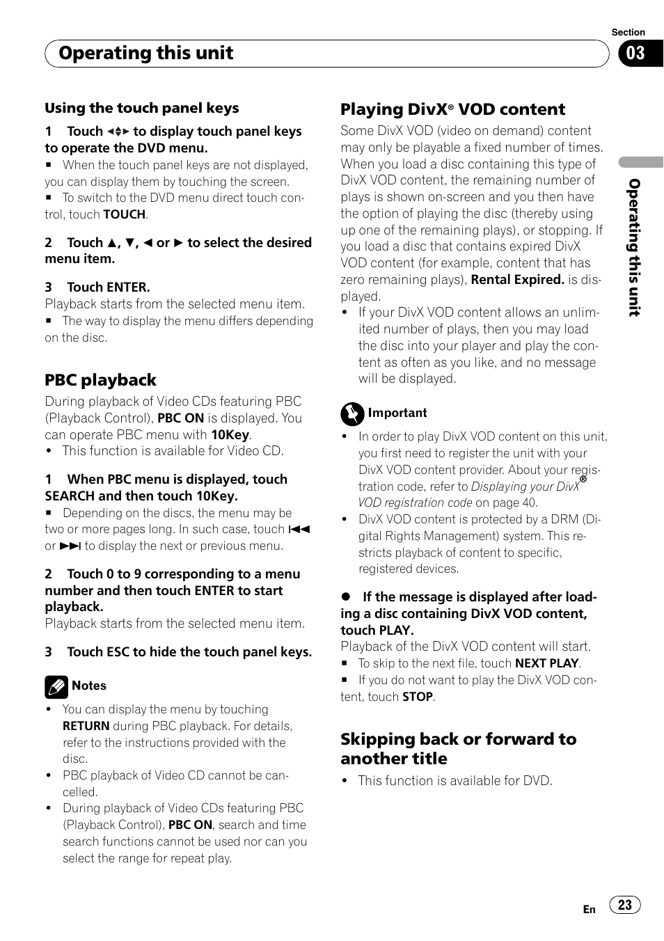 Pbc playback 23, Playing divx® vod content 23, Skipping back or forward to another | Title, Operating this unit, Pbc playback, Playing divx, Vod content, Skipping back or forward to another title | Pioneer AVH-P5000DVD User Manual | Page 23 / 103