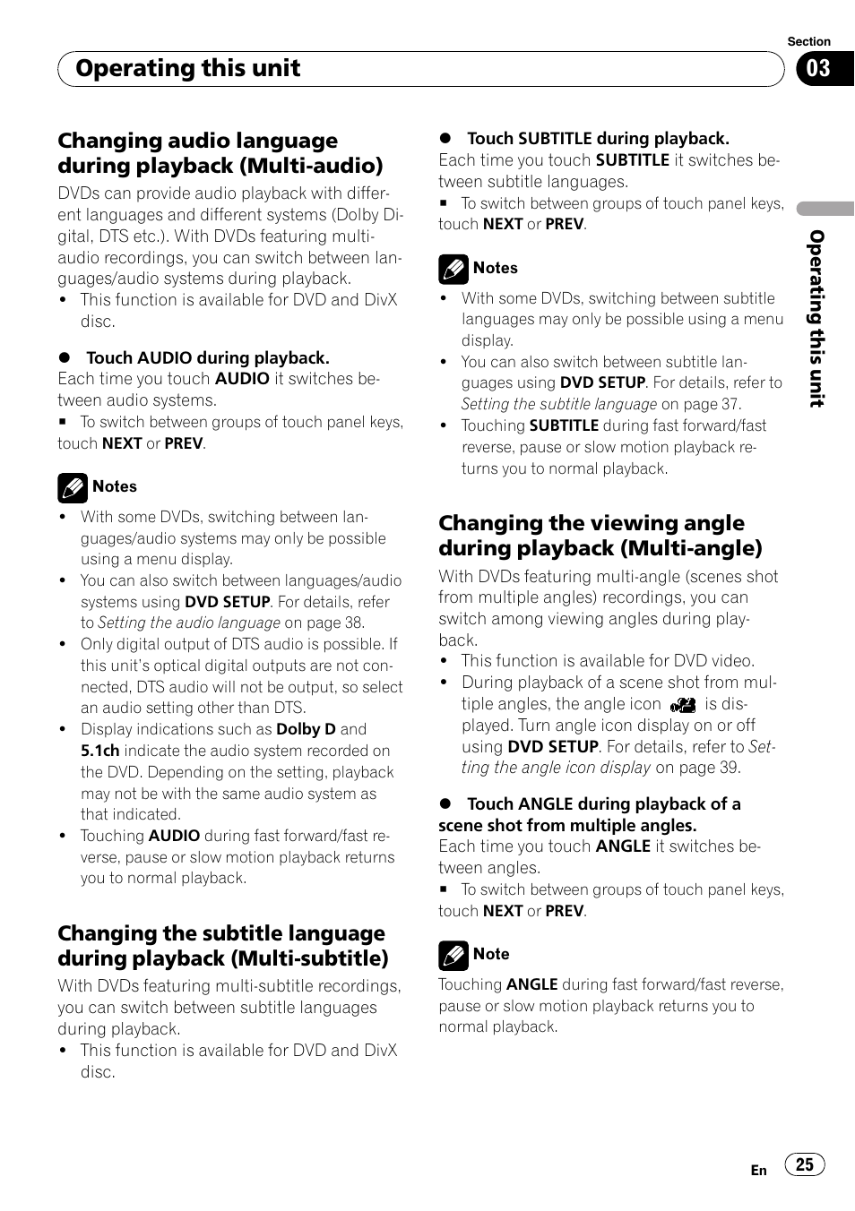 Changing audio language during, Playback (multi-audio), Changing the subtitle language during | Playback (multi-subtitle), Changing the viewing angle during, Playback (multi-angle), Operating this unit | Pioneer AVH-P5000DVD User Manual | Page 25 / 103