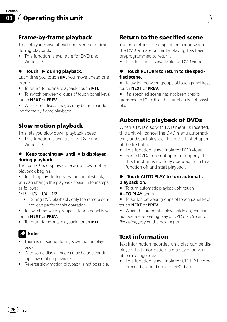 Frame-by-frame playback 26, Slow motion playback 26, Return to the specified scene 26 | Automatic playback of dvds 26, Text information 26, Operating this unit, Frame-by-frame playback, Slow motion playback, Return to the specified scene, Automatic playback of dvds | Pioneer AVH-P5000DVD User Manual | Page 26 / 103