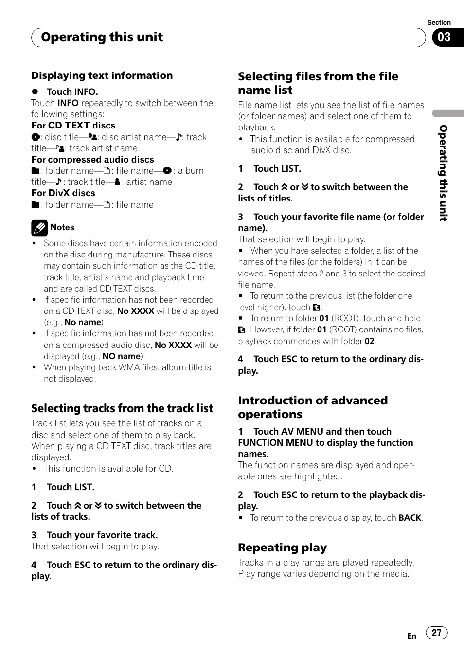 Selecting tracks from the track list 27, Selecting files from the file name, List | Introduction of advanced, Operations, Repeating play 27, Operating this unit, Selecting tracks from the track list, Selecting files from the file name list, Introduction of advanced operations | Pioneer AVH-P5000DVD User Manual | Page 27 / 103