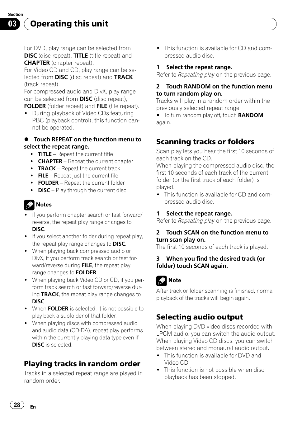 Playing tracks in random order 28, Scanning tracks or folders 28, Selecting audio output 28 | Operating this unit, Playing tracks in random order, Scanning tracks or folders, Selecting audio output | Pioneer AVH-P5000DVD User Manual | Page 28 / 103