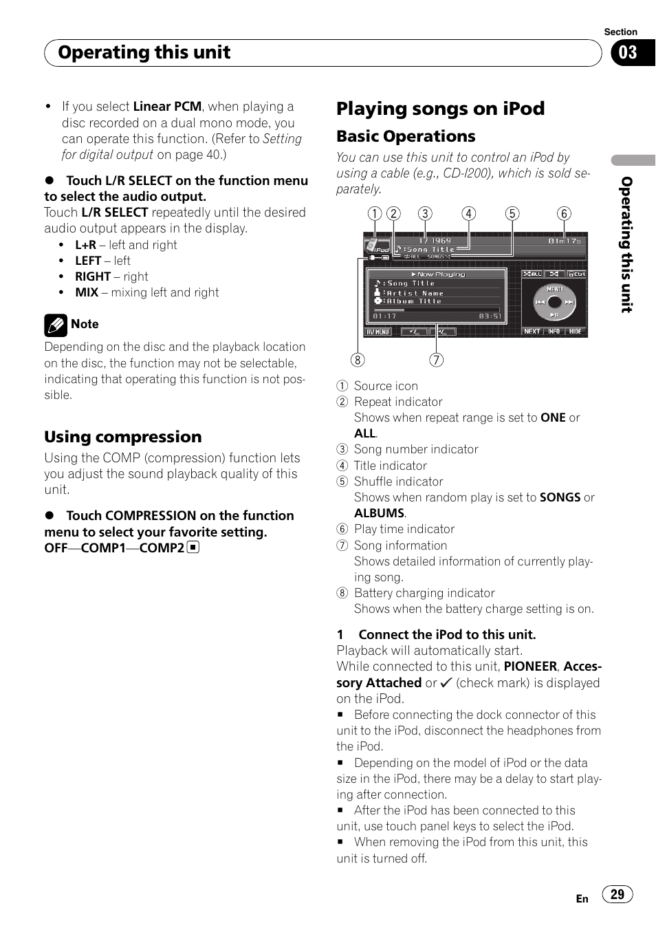 Using compression 29, Playing songs on ipod, Basic operations 29 | Operating this unit, Using compression, Basic operations | Pioneer AVH-P5000DVD User Manual | Page 29 / 103