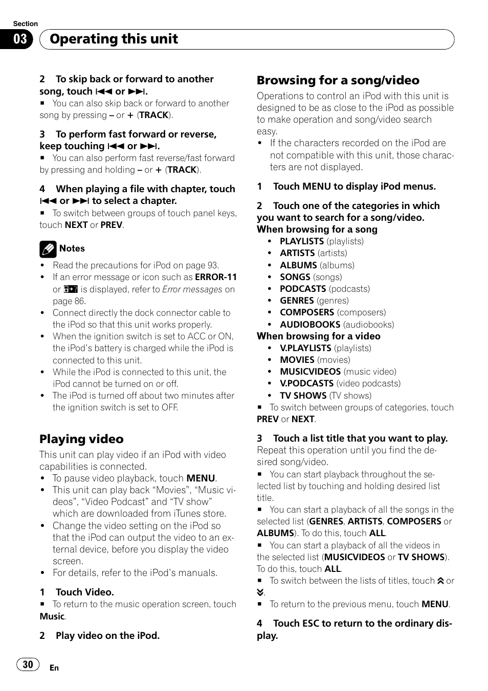 Playing video 30, Browsing for a song/video 30, Operating this unit | Playing video, Browsing for a song/video | Pioneer AVH-P5000DVD User Manual | Page 30 / 103