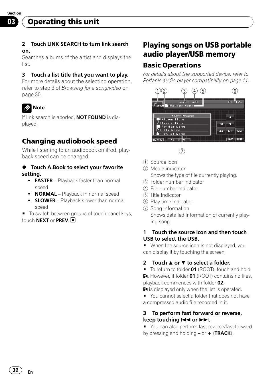 Changing audiobook speed 32, Playing songs on usb portable audio player, Usb memory | Basic operations 32, Operating this unit, Changing audiobook speed, Basic operations | Pioneer AVH-P5000DVD User Manual | Page 32 / 103