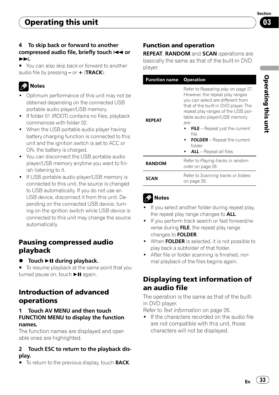 Pausing compressed audio, Playback, Introduction of advanced | Operations, Displaying text information of an audio, File, Operating this unit, Pausing compressed audio playback, Introduction of advanced operations, Displaying text information of an audio file | Pioneer AVH-P5000DVD User Manual | Page 33 / 103