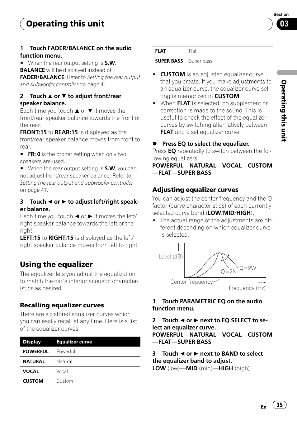 Using the equalizer 35, Operating this unit, Using the equalizer | Pioneer AVH-P5000DVD User Manual | Page 35 / 103