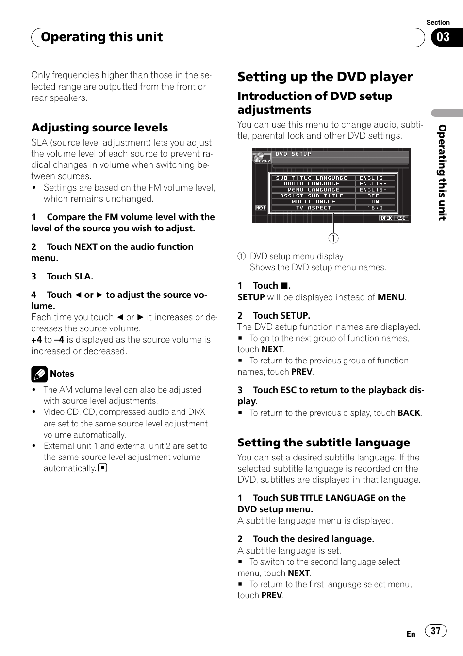 Adjusting source levels 37, Setting up the dvd player, Introduction of dvd setup | Adjustments, Setting the subtitle language 37, Operating this unit, Adjusting source levels, Introduction of dvd setup adjustments, Setting the subtitle language | Pioneer AVH-P5000DVD User Manual | Page 37 / 103