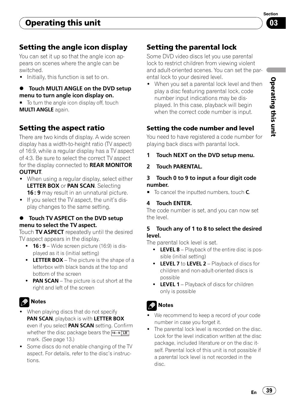 Setting the angle icon display 39, Setting the aspect ratio 39, Setting the parental lock 39 | Operating this unit, Setting the angle icon display, Setting the aspect ratio, Setting the parental lock | Pioneer AVH-P5000DVD User Manual | Page 39 / 103