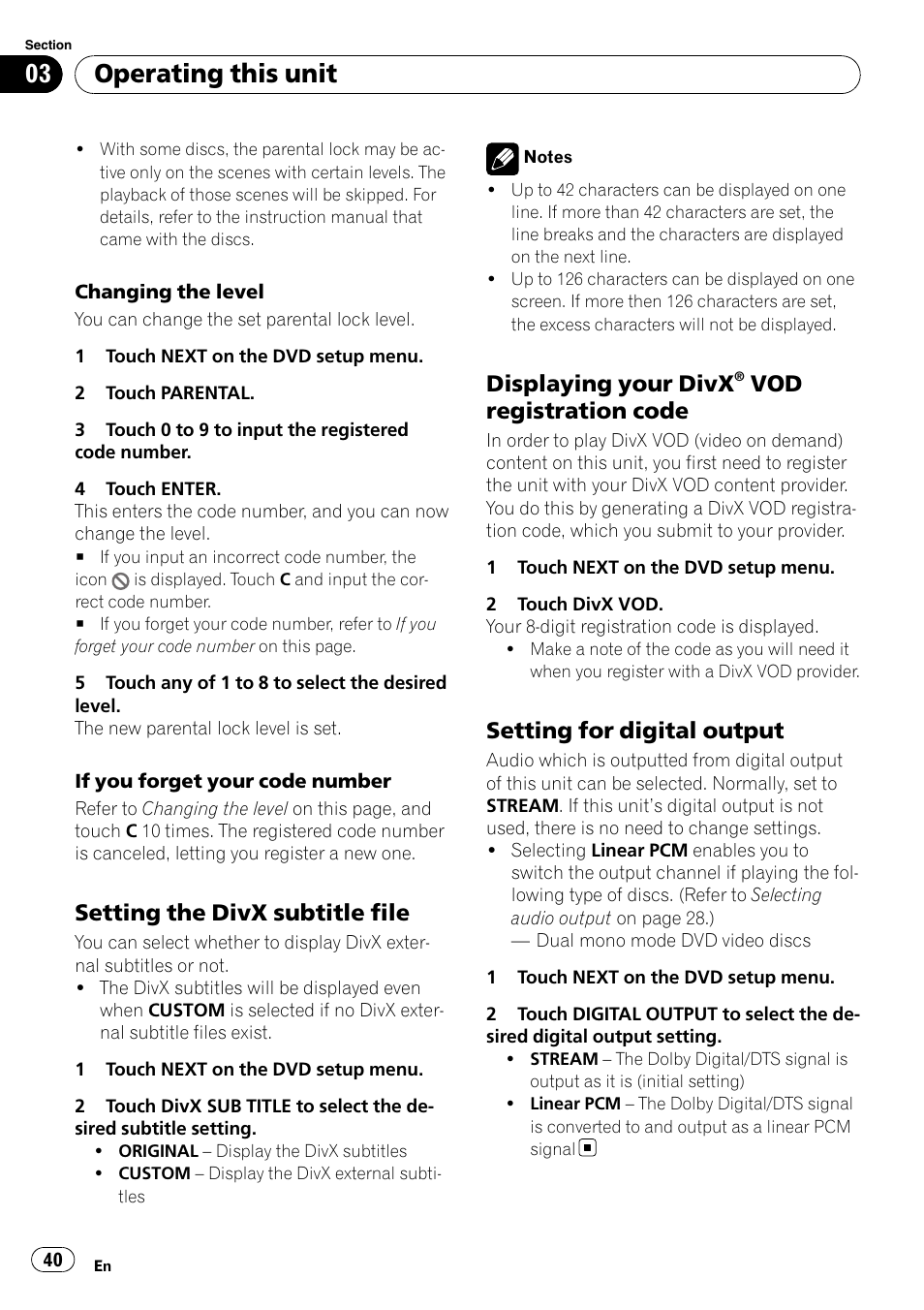 Setting the divx subtitle file 40, Displaying your divx® vod, Registration code | Setting for digital output 40, Operating this unit, Setting the divx subtitle file, Displaying your divx, Vod registration code, Setting for digital output | Pioneer AVH-P5000DVD User Manual | Page 40 / 103