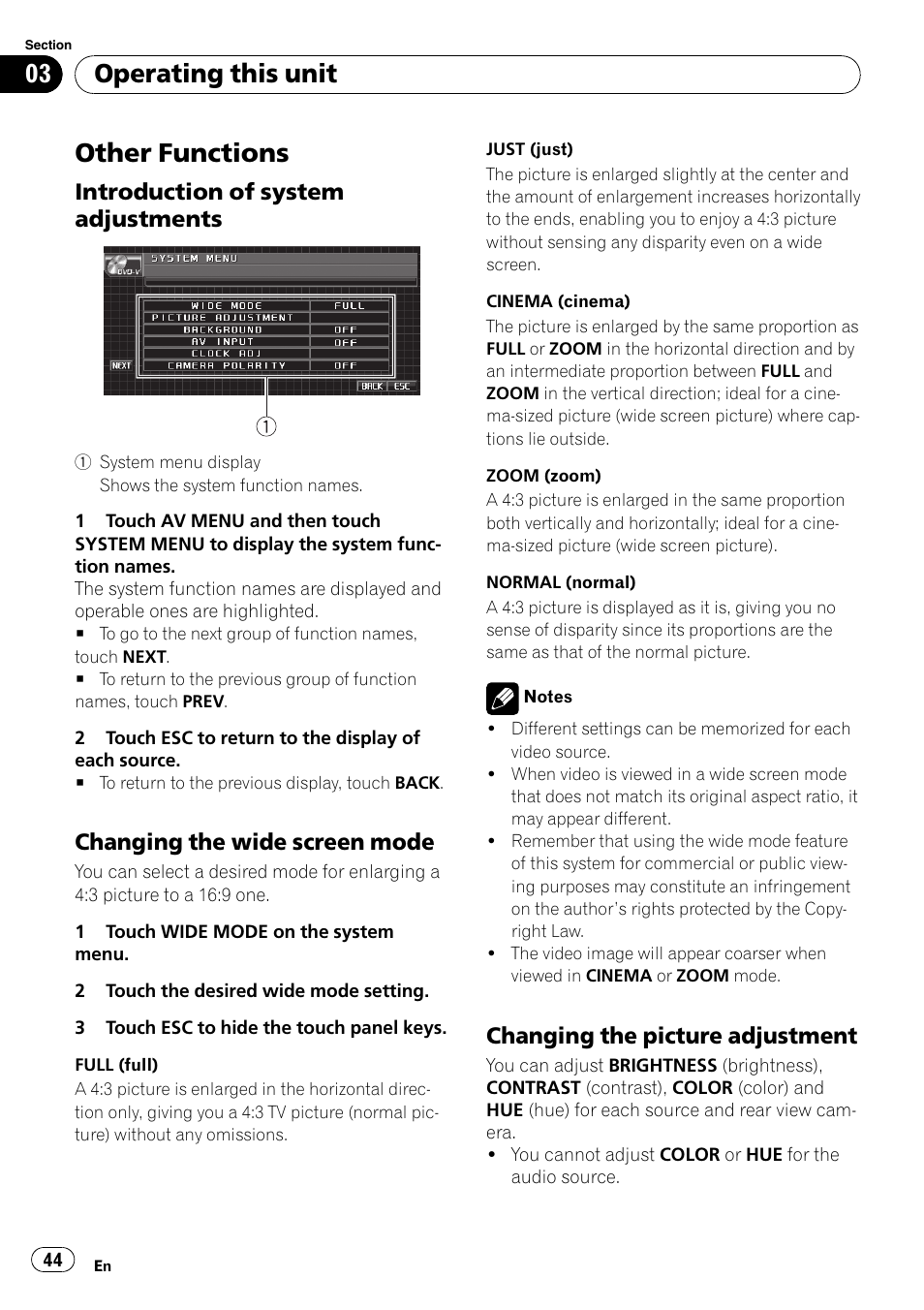 Other functions, Introduction of system, Adjustments | Changing the wide screen mode 44, Changing the picture adjustment 44, Operating this unit, Introduction of system adjustments, Changing the wide screen mode, Changing the picture adjustment | Pioneer AVH-P5000DVD User Manual | Page 44 / 103