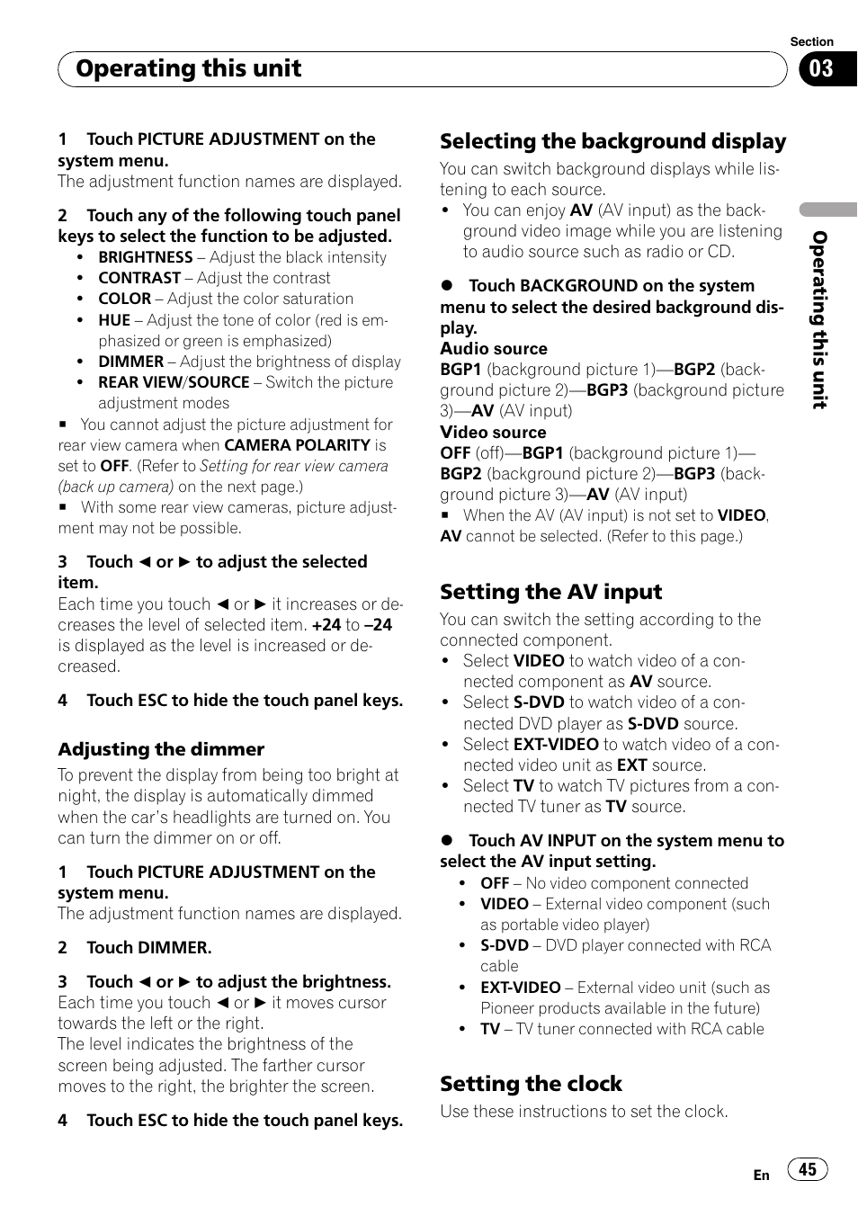 Selecting the background display 45, Setting the av input 45, Setting the clock 45 | Operating this unit, Selecting the background display, Setting the av input, Setting the clock | Pioneer AVH-P5000DVD User Manual | Page 45 / 103
