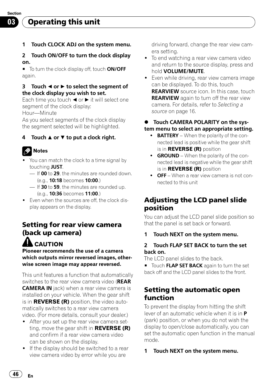 Setting for rear view camera (back up, Camera), Adjusting the lcd panel slide | Position, Setting the automatic open, Function, Operating this unit, Setting for rear view camera (back up camera), Adjusting the lcd panel slide position, Setting the automatic open function | Pioneer AVH-P5000DVD User Manual | Page 46 / 103