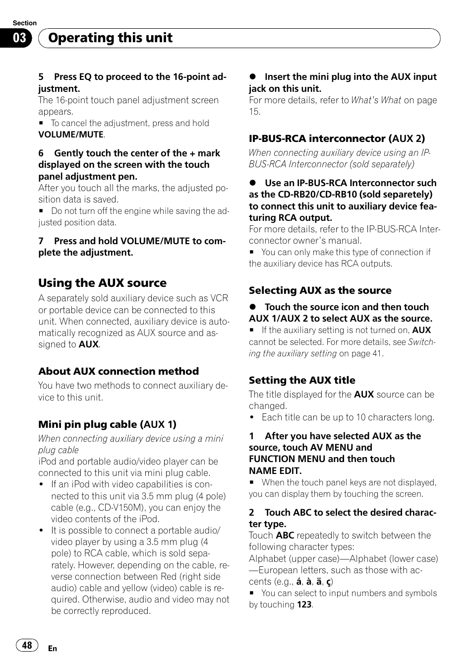 Using the aux source 48, Operating this unit, Using the aux source | Pioneer AVH-P5000DVD User Manual | Page 48 / 103