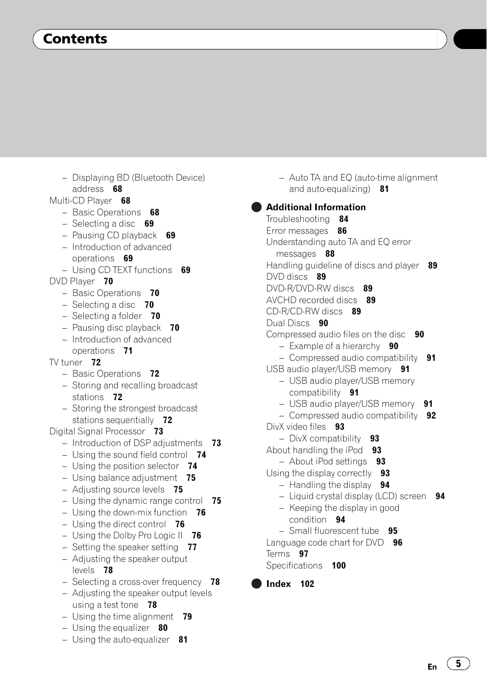 Pioneer AVH-P5000DVD User Manual | Page 5 / 103