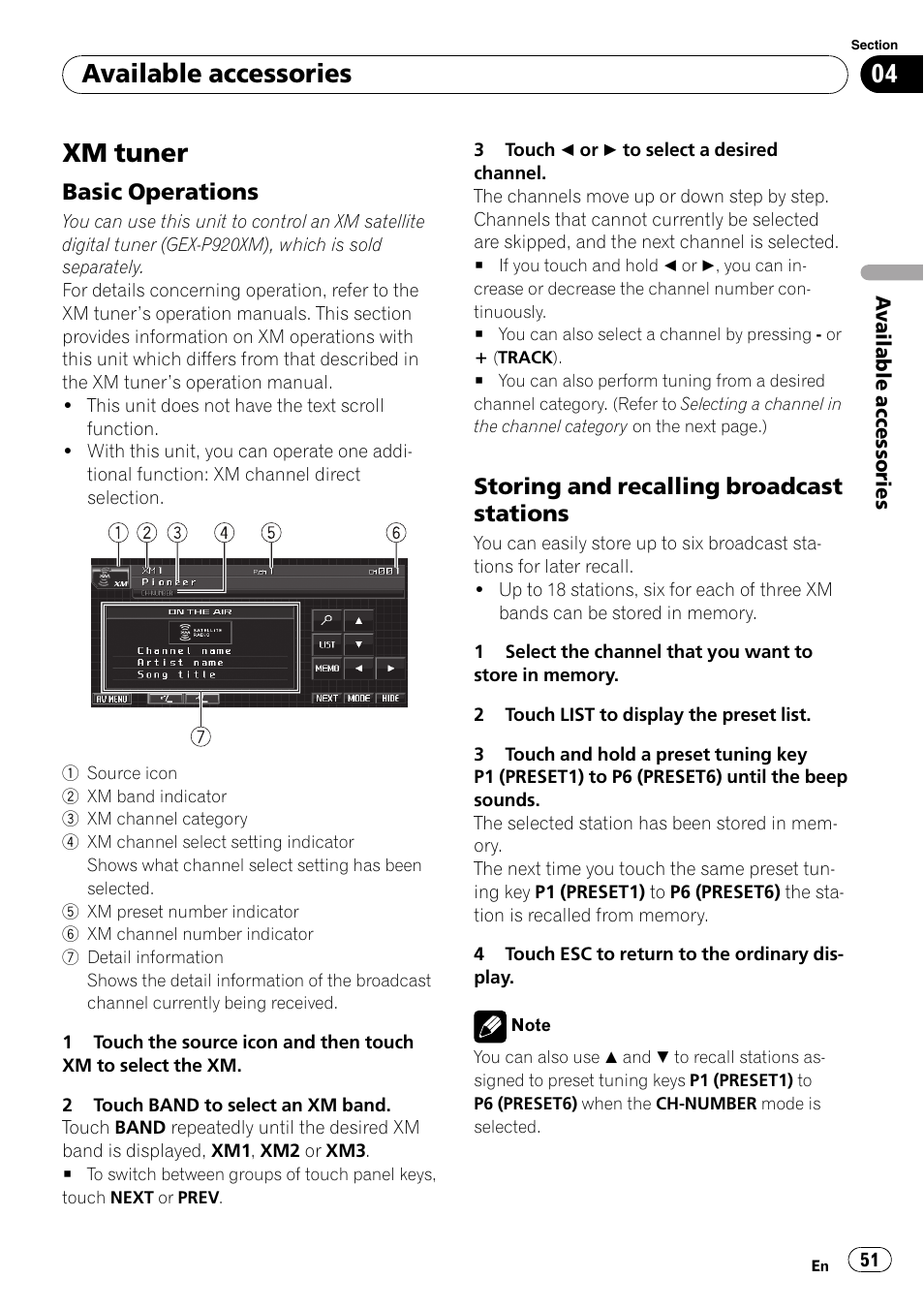 Available accessories xm tuner, Basic operations 51, Storing and recalling broadcast | Stations, Xm tuner, Available accessories, Basic operations, Storing and recalling broadcast stations | Pioneer AVH-P5000DVD User Manual | Page 51 / 103