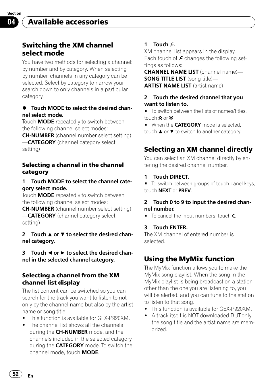 Switching the xm channel select, Mode, Selecting an xm channel directly 52 | Using the mymix function 52, Available accessories, Switching the xm channel select mode, Selecting an xm channel directly, Using the mymix function | Pioneer AVH-P5000DVD User Manual | Page 52 / 103