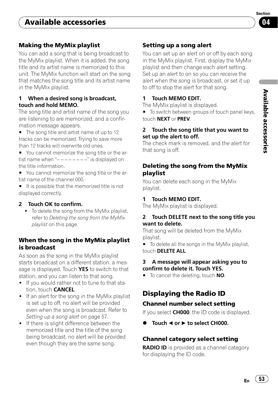 Displaying the radio id 53, Available accessories, Displaying the radio id | Pioneer AVH-P5000DVD User Manual | Page 53 / 103