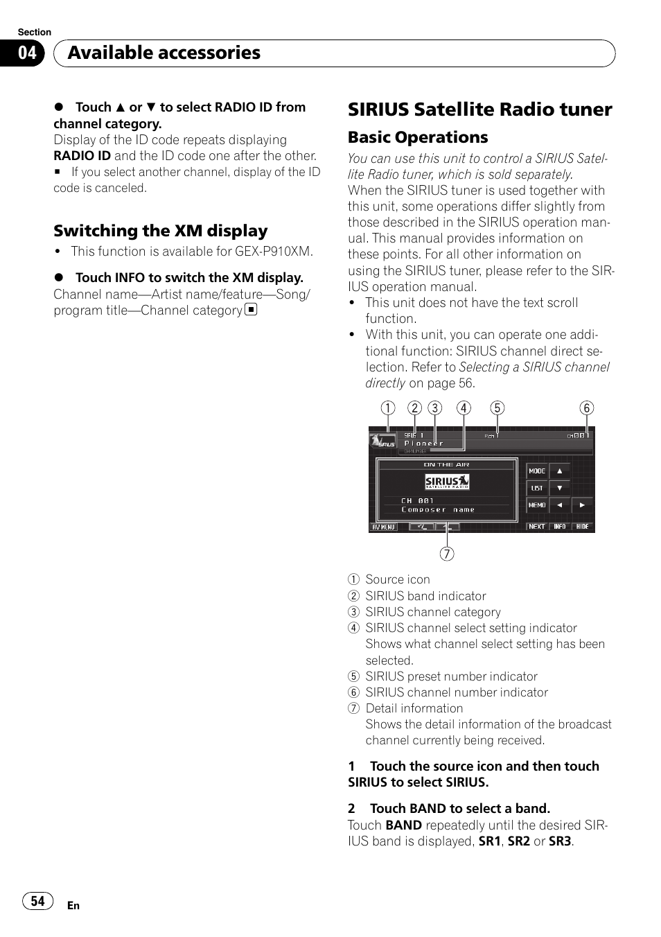 Switching the xm display 54, Sirius satellite radio tuner, Basic operations 54 | Available accessories, Switching the xm display, Basic operations | Pioneer AVH-P5000DVD User Manual | Page 54 / 103