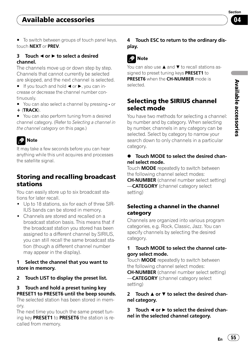 Storing and recalling broadcast, Stations, Selecting the sirius channel select | Mode, Available accessories, Storing and recalling broadcast stations, Selecting the sirius channel select mode | Pioneer AVH-P5000DVD User Manual | Page 55 / 103