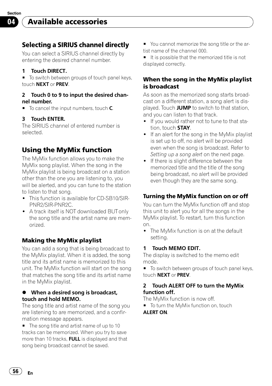 Selecting a sirius channel, Directly, Using the mymix function 56 | Available accessories, Selecting a sirius channel directly, Using the mymix function | Pioneer AVH-P5000DVD User Manual | Page 56 / 103