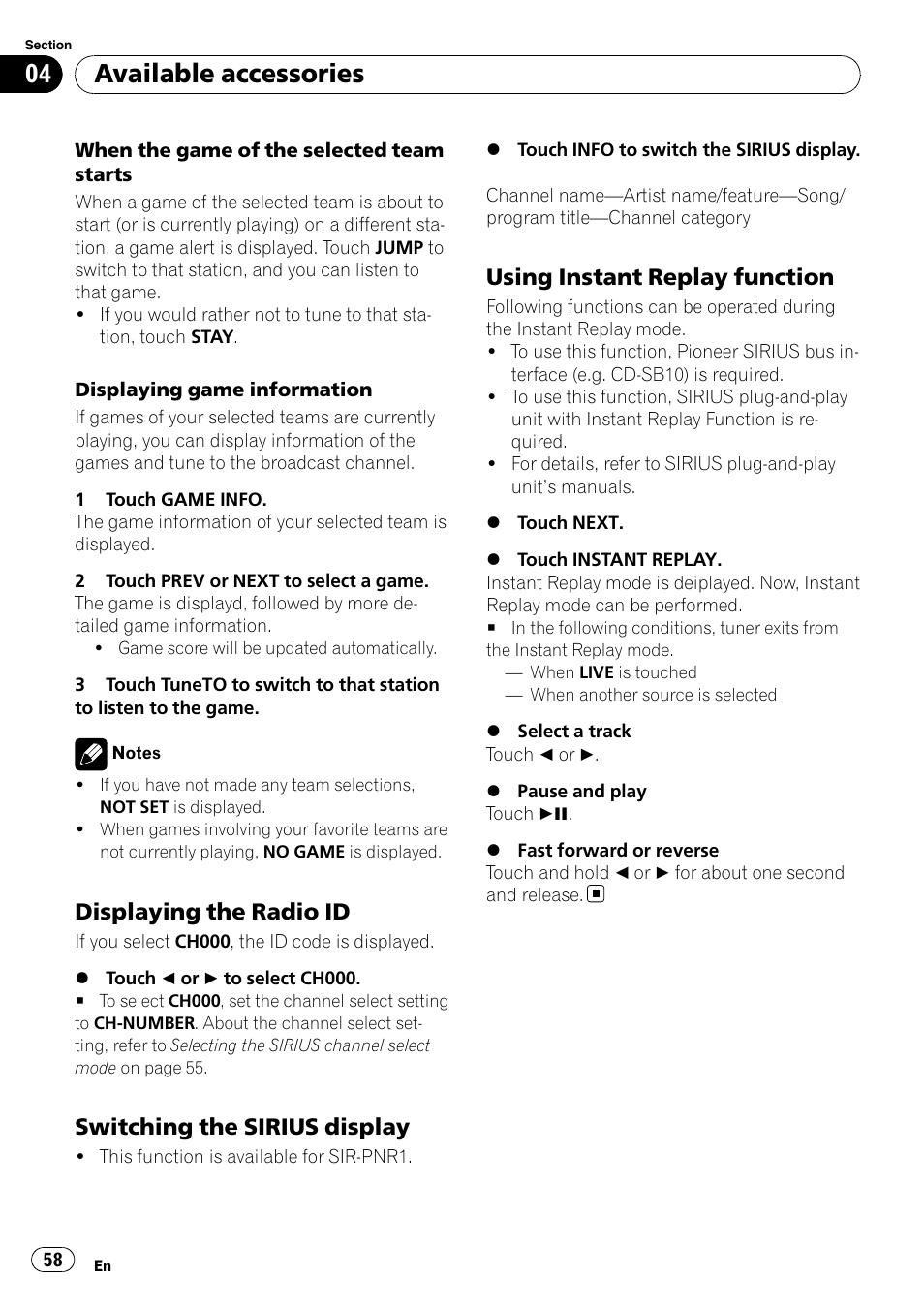 Displaying the radio id 58, Switching the sirius display 58, Using instant replay function 58 | Available accessories, Displaying the radio id, Switching the sirius display, Using instant replay function | Pioneer AVH-P5000DVD User Manual | Page 58 / 103