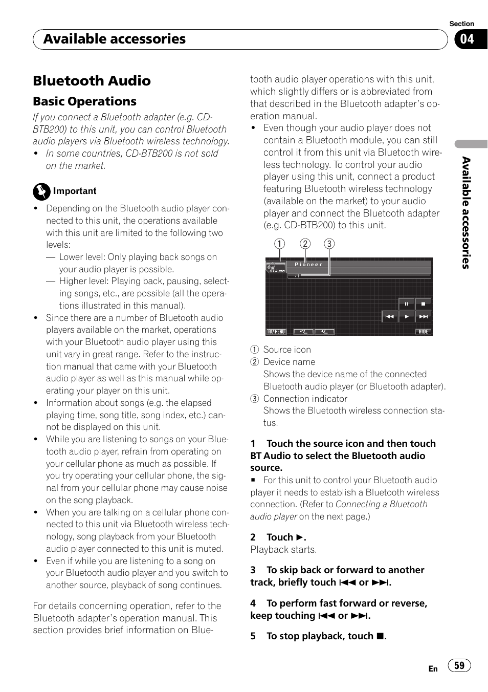 Bluetooth audio, Basic operations 59, Available accessories | Basic operations | Pioneer AVH-P5000DVD User Manual | Page 59 / 103