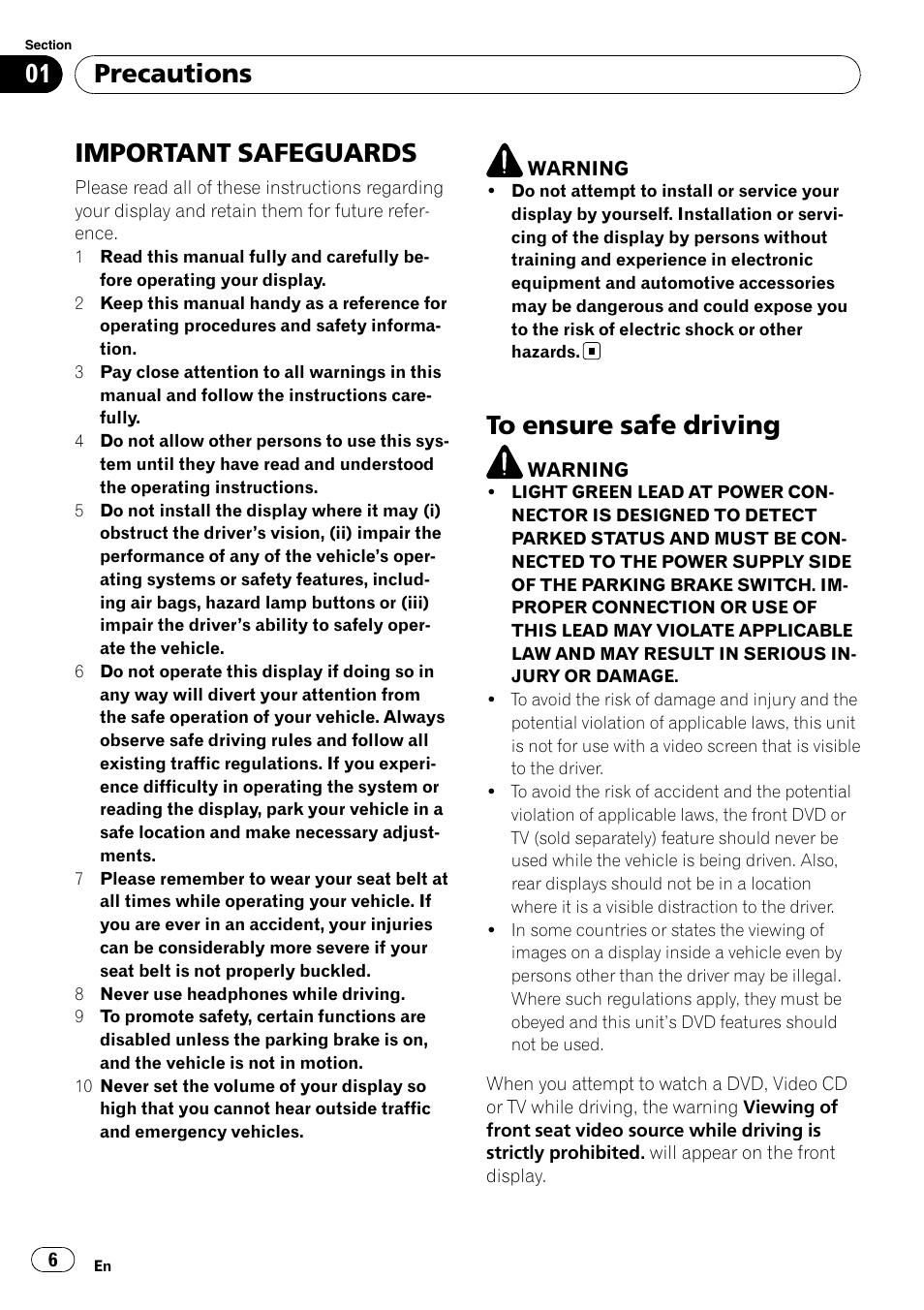 Precautions important safeguards, To ensure safe driving, Important safeguards | Precautions | Pioneer AVH-P5000DVD User Manual | Page 6 / 103