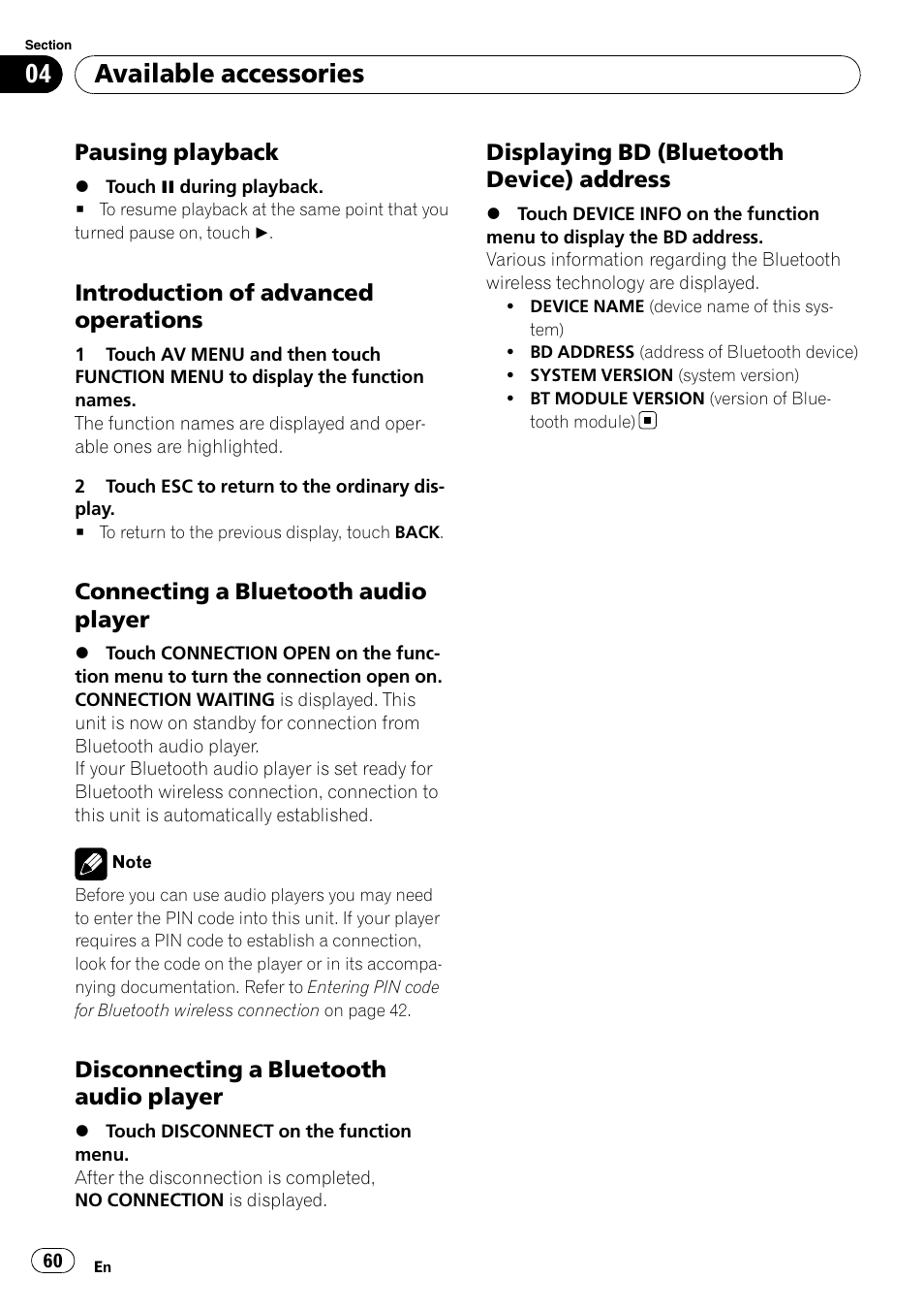 Pausing playback 60, Introduction of advanced, Operations | Connecting a bluetooth audio, Player, Disconnecting a bluetooth audio, Displaying bd (bluetooth device), Address, Available accessories | Pioneer AVH-P5000DVD User Manual | Page 60 / 103