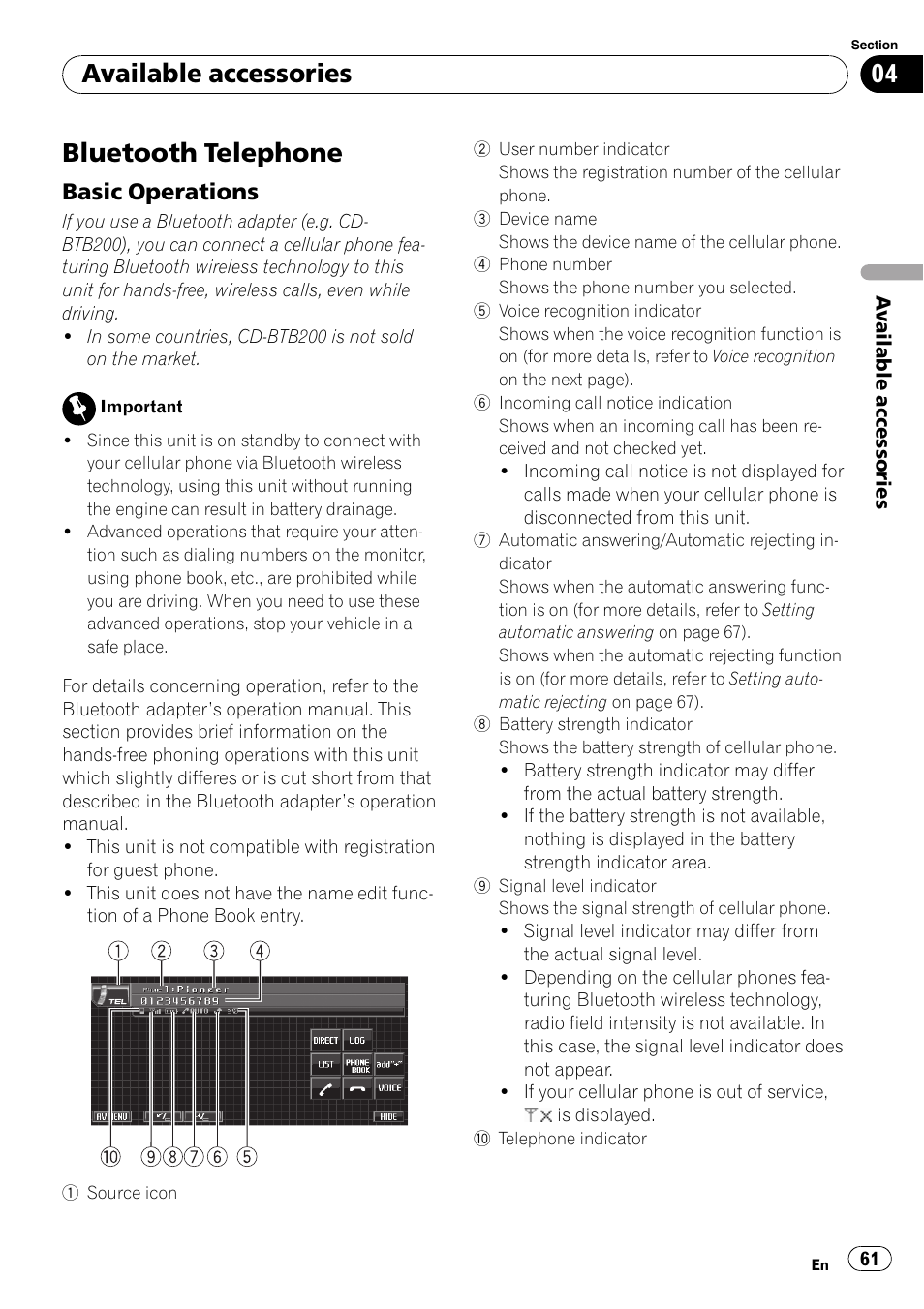Bluetooth telephone, Basic operations 61, Available accessories | Basic operations | Pioneer AVH-P5000DVD User Manual | Page 61 / 103