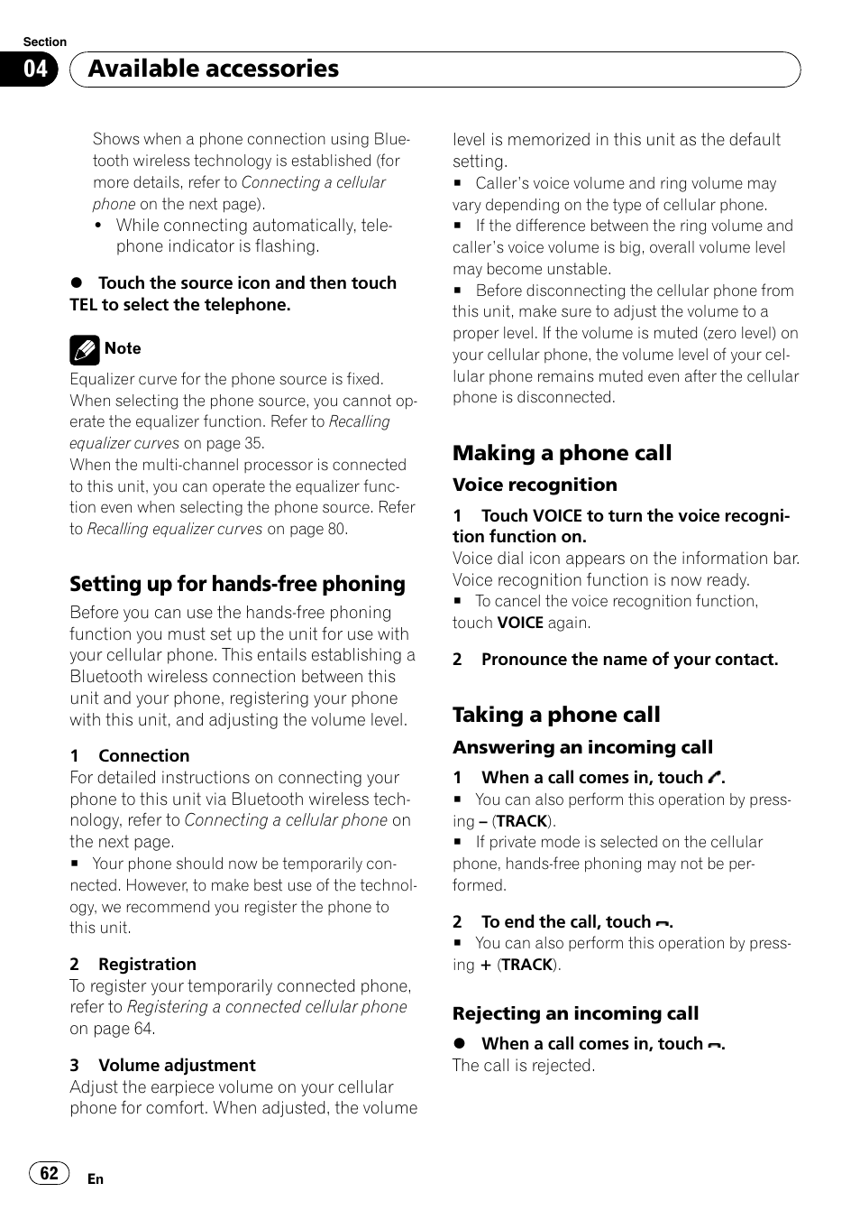 Setting up for hands-free phoning 62, Making a phone call 62, Taking a phone call 62 | Available accessories, Setting up for hands-free phoning, Making a phone call, Taking a phone call | Pioneer AVH-P5000DVD User Manual | Page 62 / 103