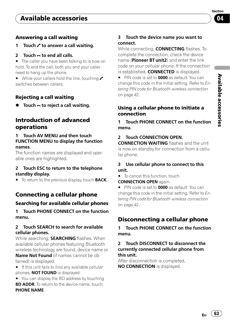 Introduction of advanced, Operations, Connecting a cellular phone 63 | Disconnecting a cellular phone 63, Available accessories, Introduction of advanced operations, Connecting a cellular phone, Disconnecting a cellular phone | Pioneer AVH-P5000DVD User Manual | Page 63 / 103