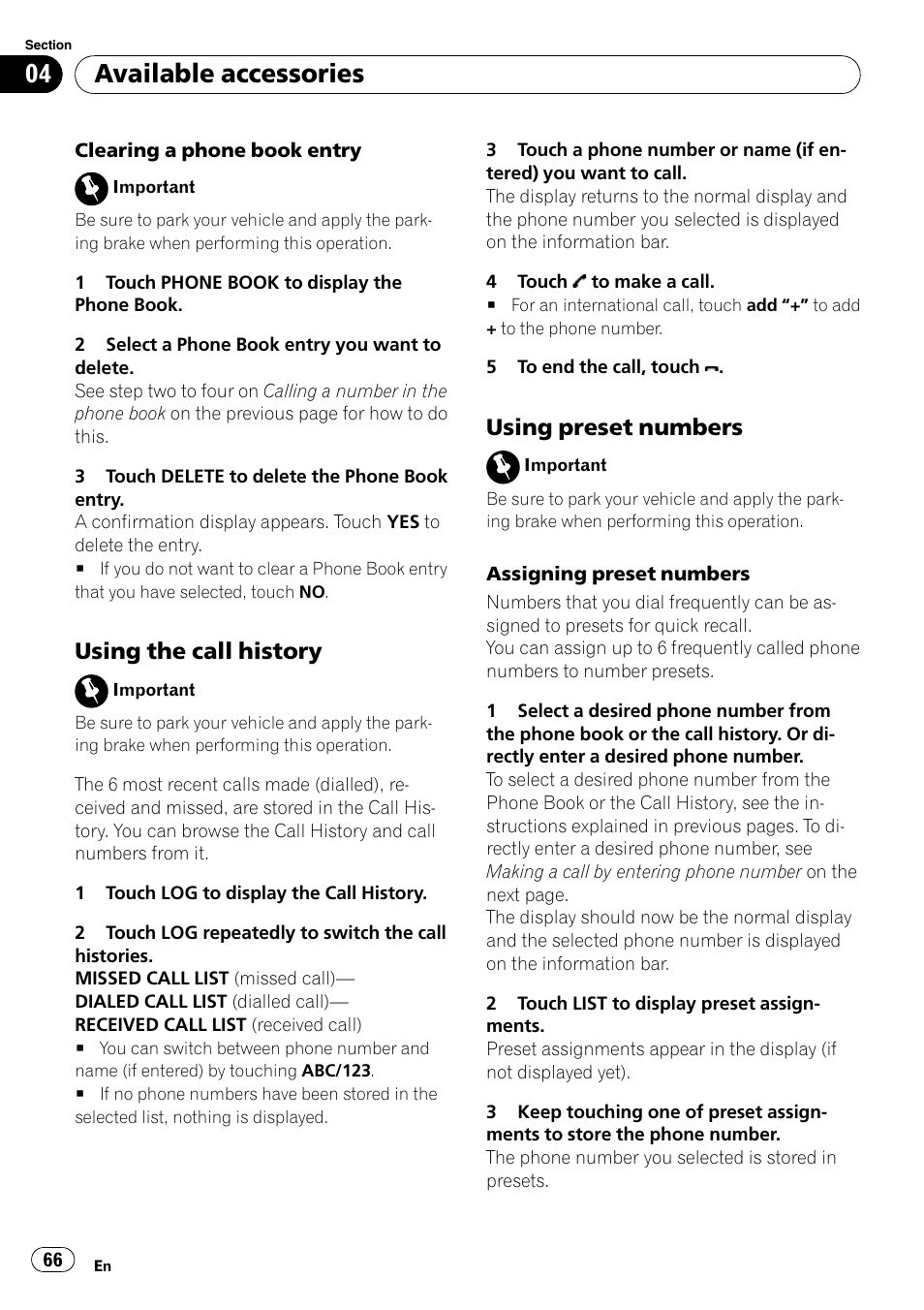 Using the call history 66, Using preset numbers 66, Available accessories | Using the call history, Using preset numbers | Pioneer AVH-P5000DVD User Manual | Page 66 / 103